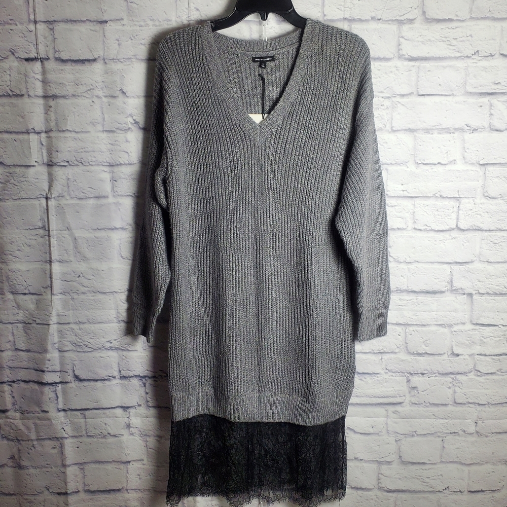 NWT Who What Wear V-Neck Pullover Sweater Dress Lace Detail Hem, L, Grey…